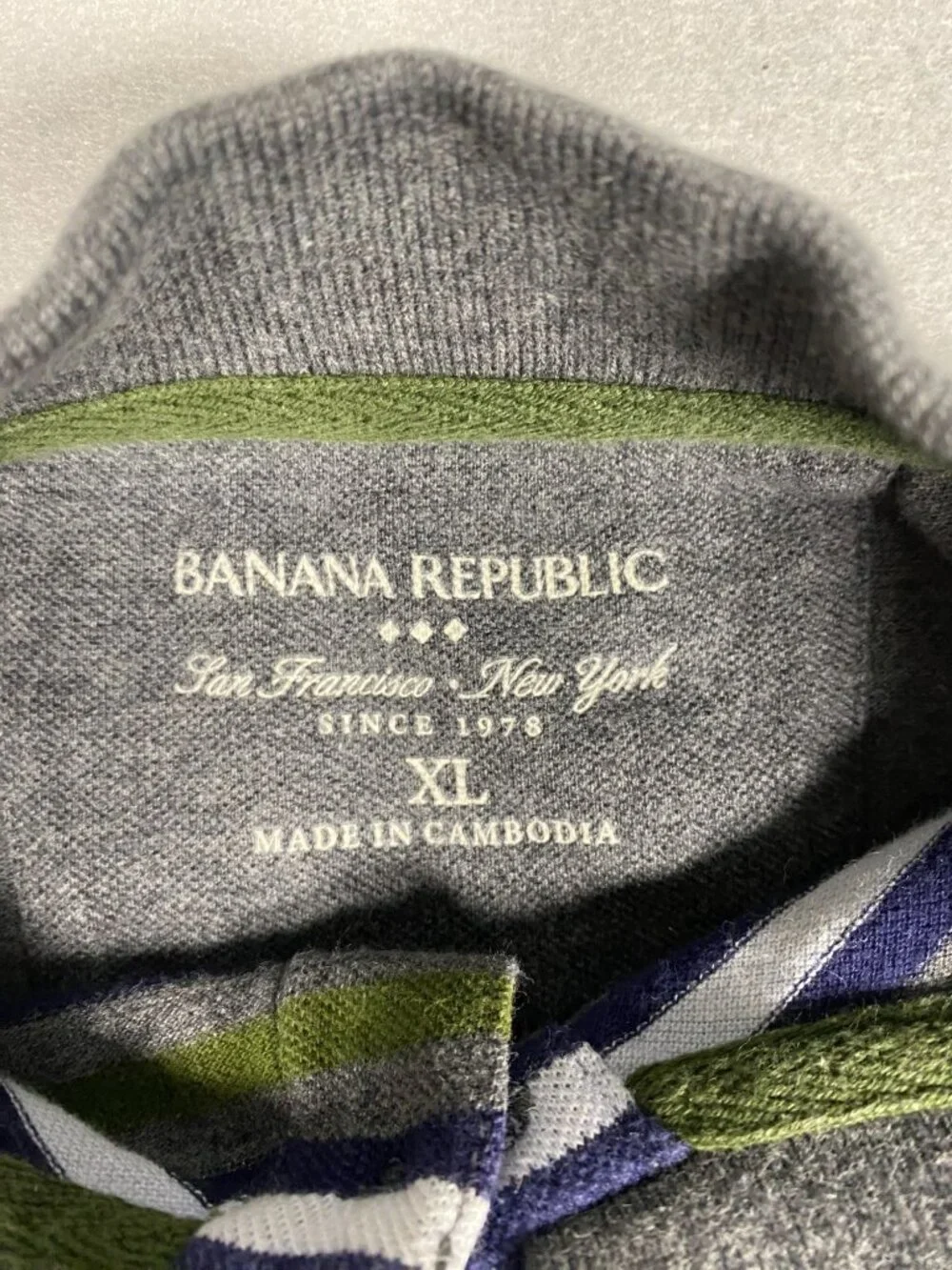 Banana Republic Mens XL Gray Navy Green Stripe Short Sleeve Polo Shirt Cotton